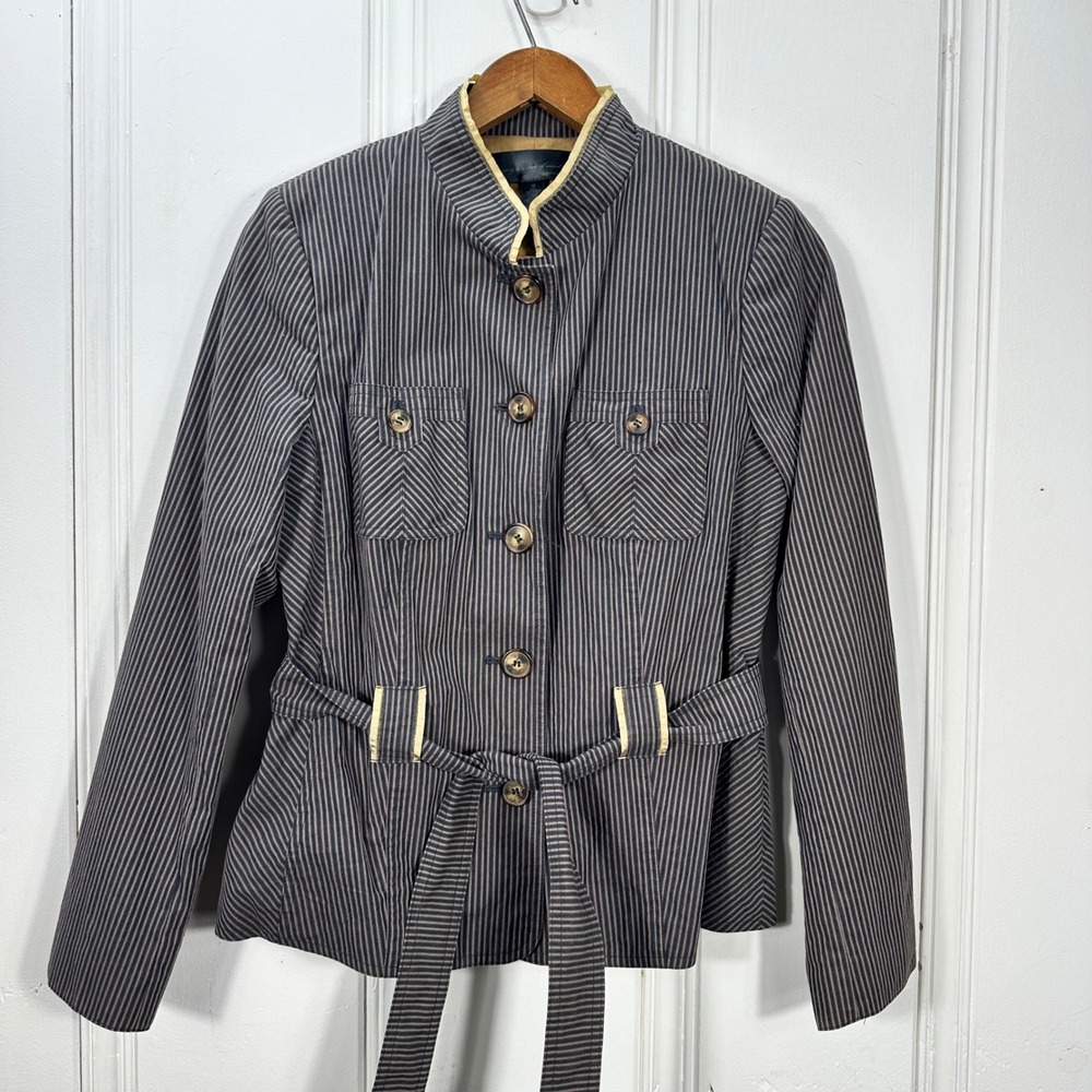 Apostrophe Field Jacket Womens 12 Blue Pinstripe Excellent Cotton Belted Utility